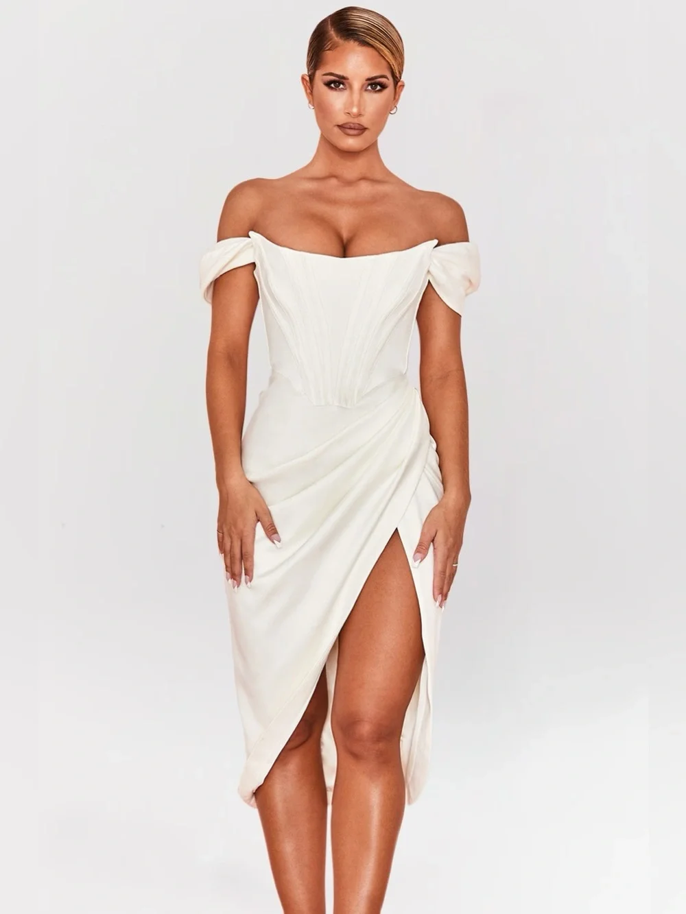 loretta off the shoulder satin corset dress house of cb Clothing : Bodycon Dresses : 'Loretta' Green Satin Off Shoulder Dress